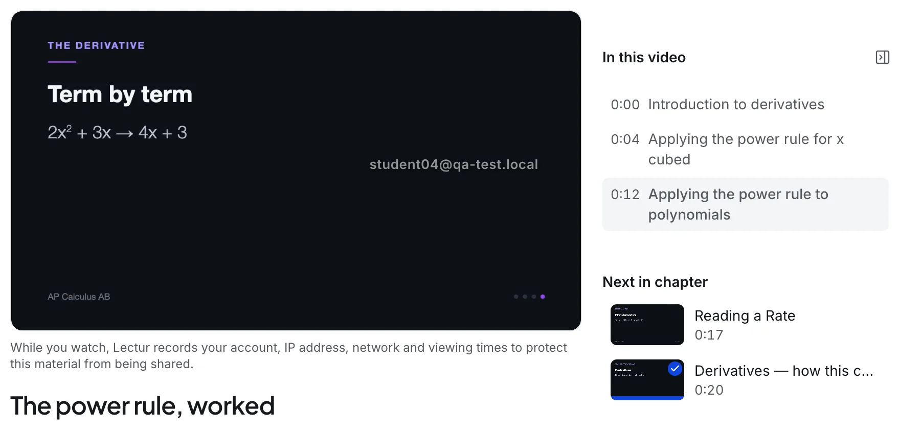 A recording playing in Lectur, with the viewer's email over the picture